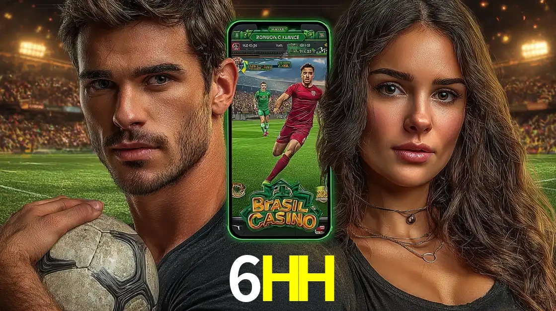 Homem segurando uma bola de futebol e uma mulher ao lado de um smartphone exibindo o jogo de apostas esportivas da 6HH. Faça seu palpite no cassino online.
