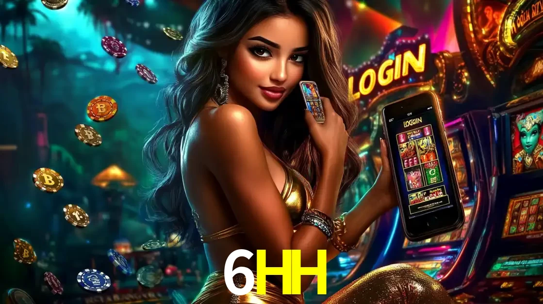 Mulher em um cenário de cassino temático de aventura, mostrando o app de caça-níqueis da 6HH no celular. Fichas de apostas flutuam ao redor.