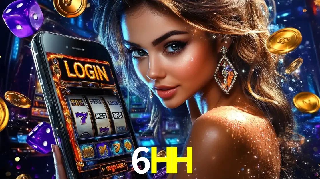 Mulher glamorosa segurando um smartphone com a tela de login para os jogos de caça-níqueis do cassino online 6HH, com moedas de ouro e dados ao redor.